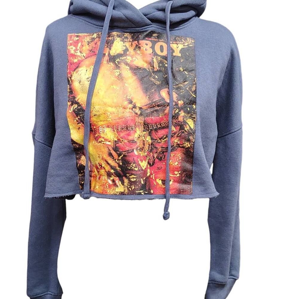 Playboy x Missguided Cropped Hoodie US 4 Blue Magazine Cover Graphic Sweatshirt